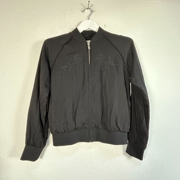 Wilfred Free Women Palm Embroidered Bomber Jacket Small Black Lightweight Pocket - Picture 1 of 12